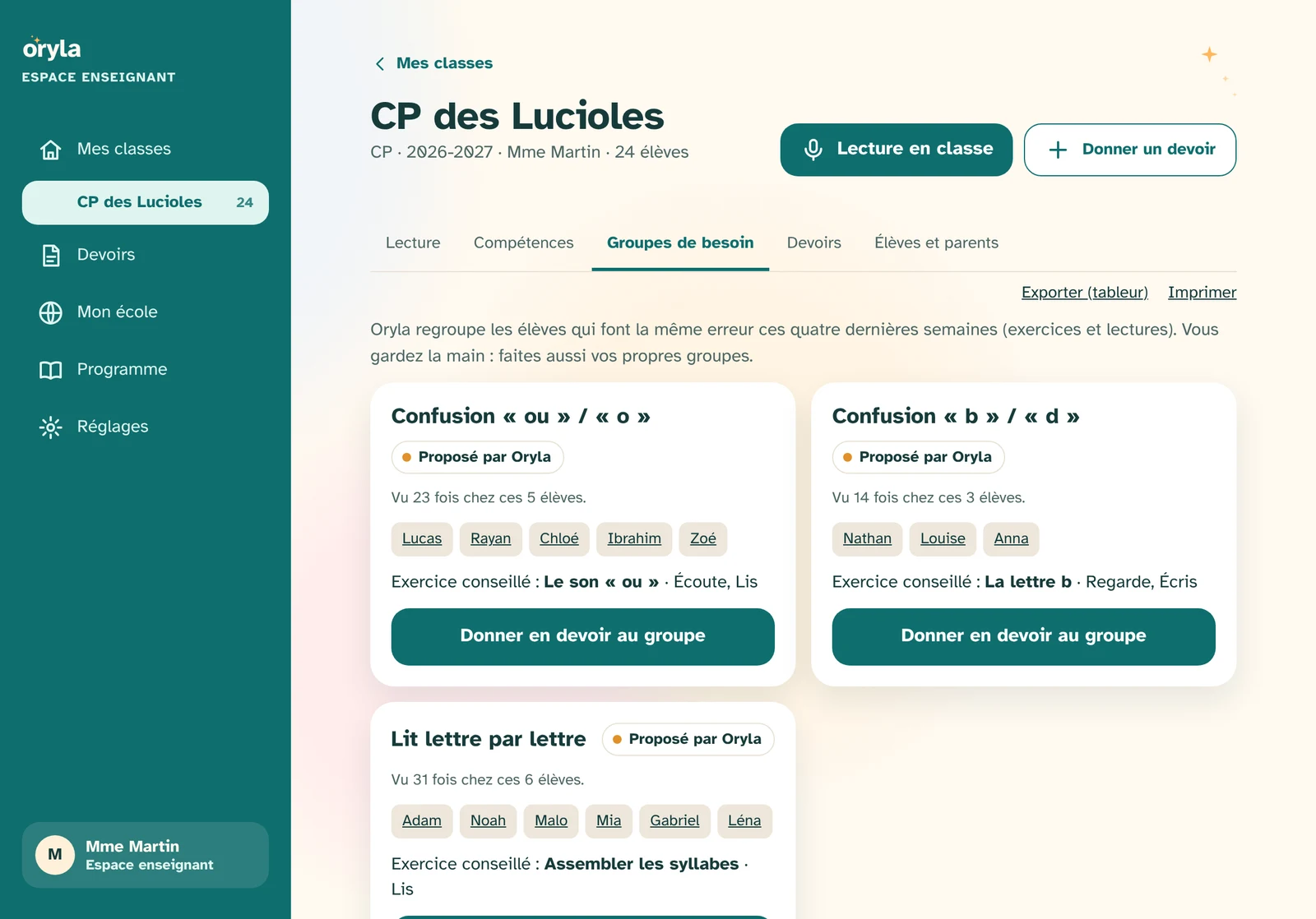 Deux groupes proposés : confusion ou / o, confusion b / d.