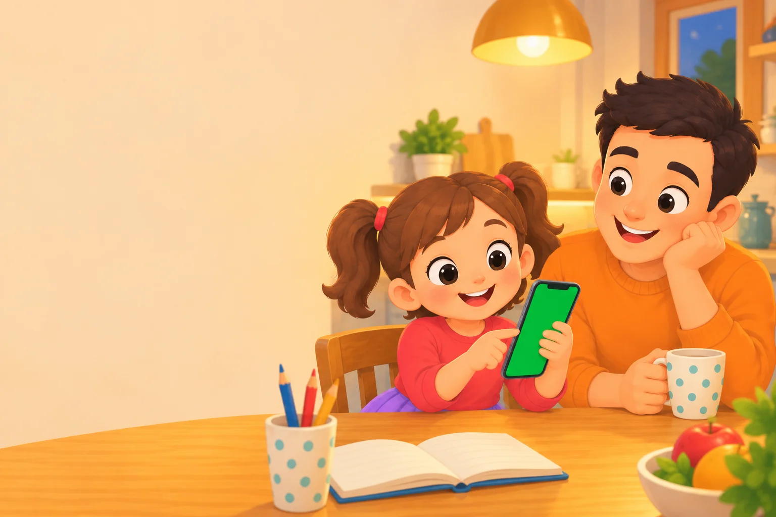 À la table de la cuisine, une petite fille montre le téléphone à son papa.